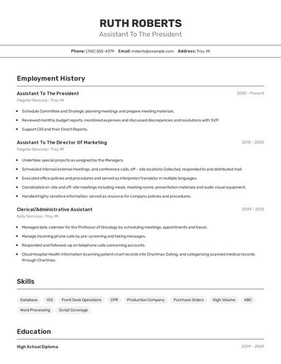 Assistant To The President Resume