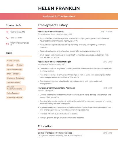 Assistant To The President Resume