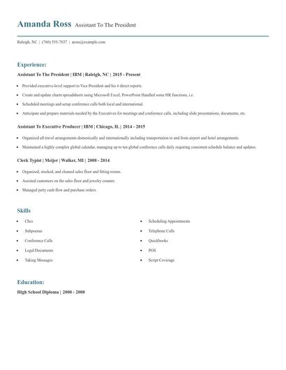 Assistant To The President Resume