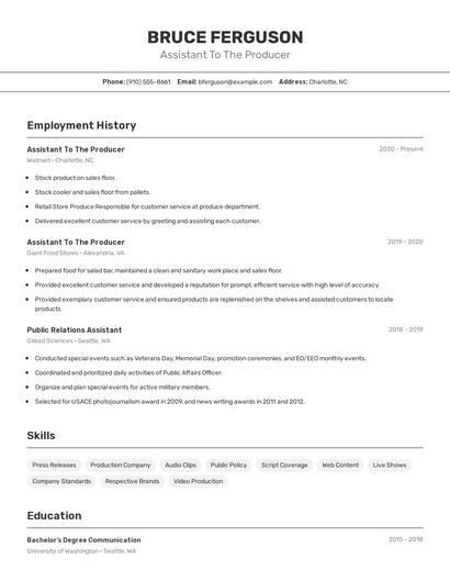 Assistant To The Producer Resume