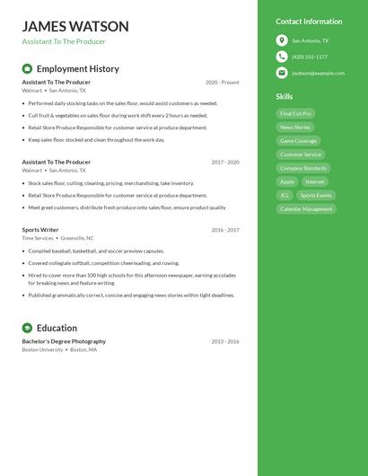 Assistant To The Producer Resume