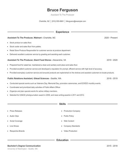 Assistant To The Producer Resume