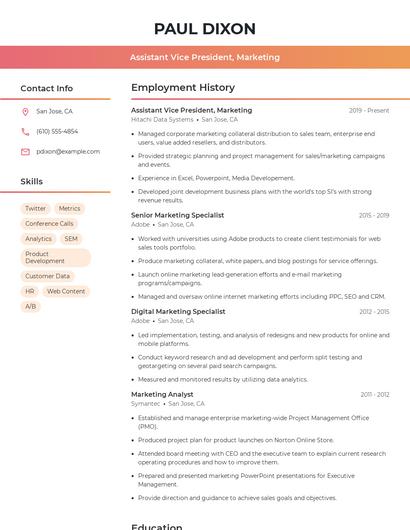 Assistant Vice President, Marketing Resume