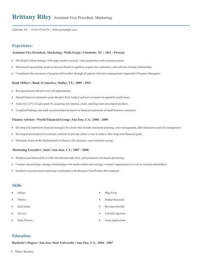 Assistant Vice President, Marketing Resume