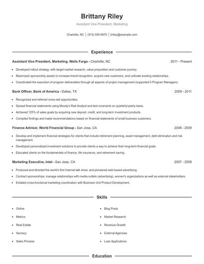 Assistant Vice President, Marketing Resume