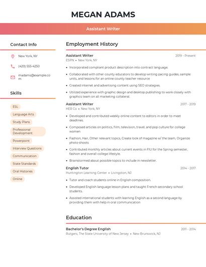 Assistant Writer Resume