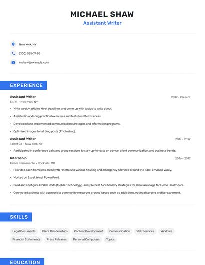 Assistant Writer Resume