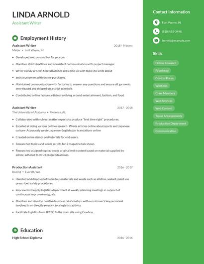 Assistant Writer Resume