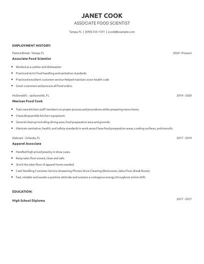 Associate Food Scientist Resume