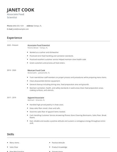 Associate Food Scientist Resume
