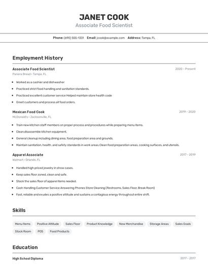 Associate Food Scientist Resume