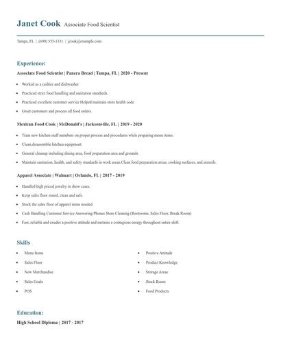 Associate Food Scientist Resume
