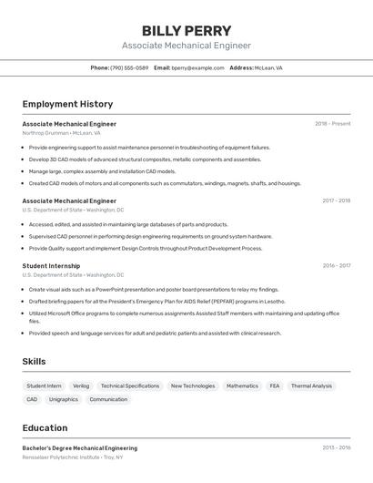 Associate Mechanical Engineer Resume