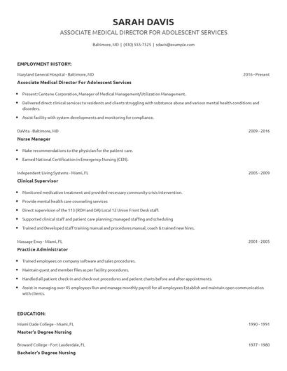Associate Medical Director For Adolescent Services Resume