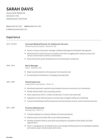 Associate Medical Director For Adolescent Services Resume