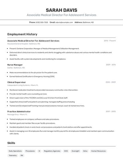 Associate Medical Director For Adolescent Services Resume