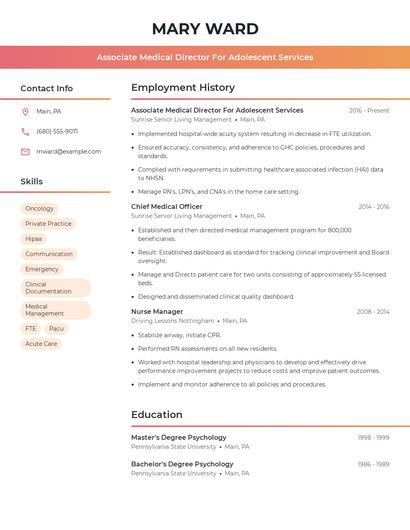 Associate Medical Director For Adolescent Services Resume