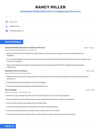 Associate Medical Director For Adolescent Services Resume