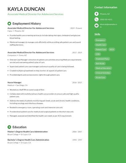 Associate Medical Director For Adolescent Services Resume