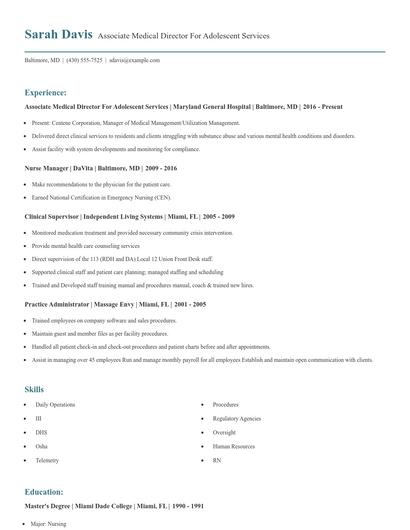 Associate Medical Director For Adolescent Services Resume