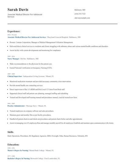 Associate Medical Director For Adolescent Services Resume