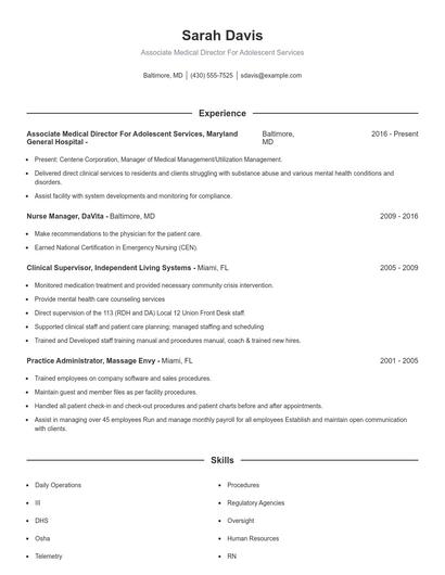 Associate Medical Director For Adolescent Services Resume