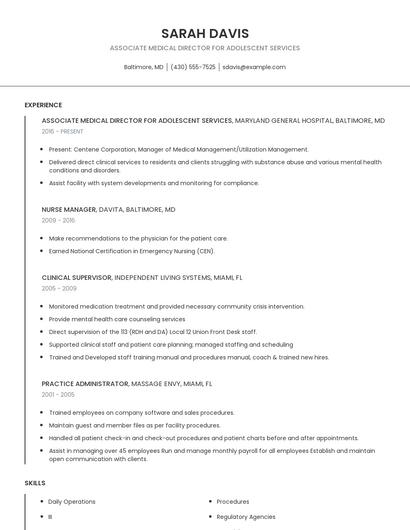 Associate Medical Director For Adolescent Services Resume