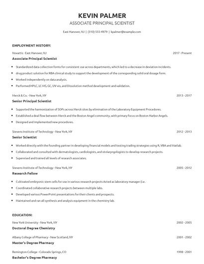 Associate Principal Scientist Resume