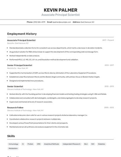 Associate Principal Scientist Resume