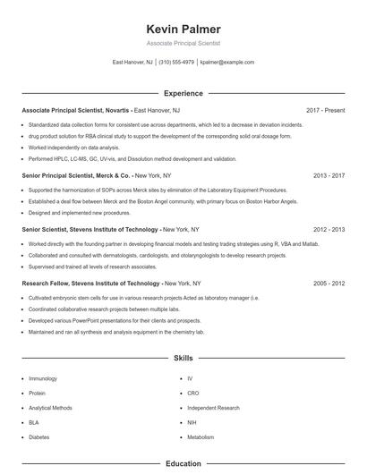 Associate Principal Scientist Resume