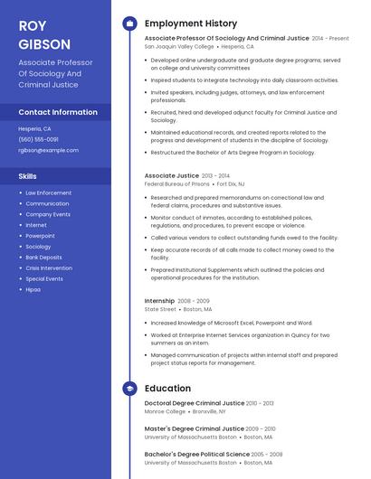 Associate Professor Of Sociology And Criminal Justice Resume