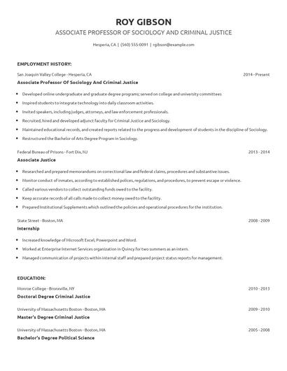 Associate Professor Of Sociology And Criminal Justice Resume