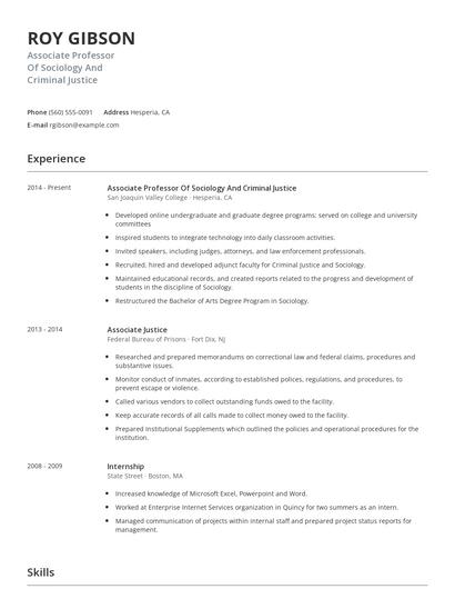 Associate Professor Of Sociology And Criminal Justice Resume