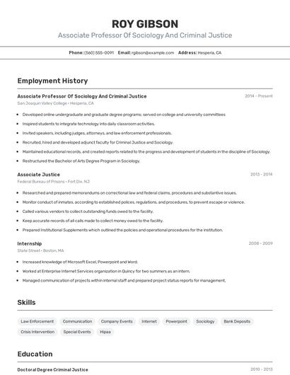 Associate Professor Of Sociology And Criminal Justice Resume