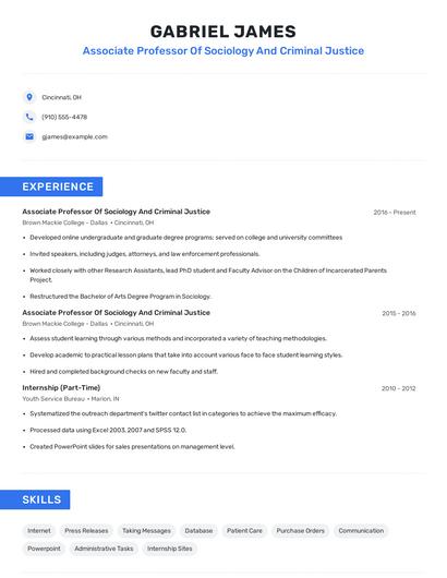 Associate Professor Of Sociology And Criminal Justice Resume