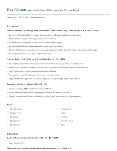 Associate Professor Of Sociology And Criminal Justice Resume