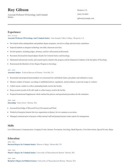 Associate Professor Of Sociology And Criminal Justice Resume