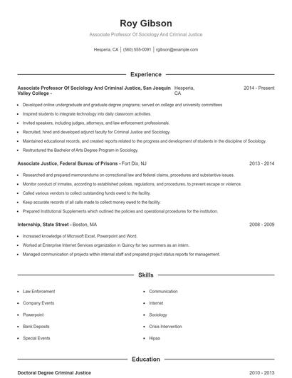 Associate Professor Of Sociology And Criminal Justice Resume