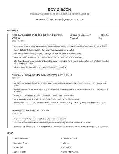 Associate Professor Of Sociology And Criminal Justice Resume