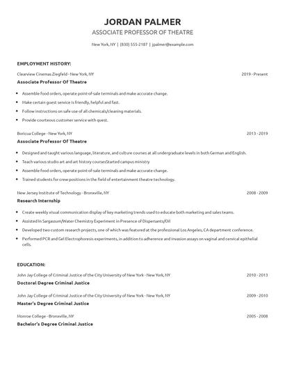 Associate Professor Of Theatre Resume