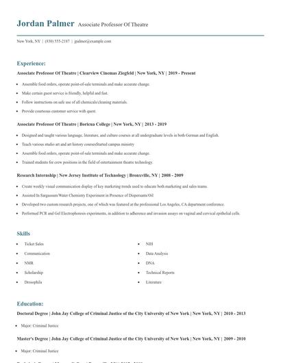 Associate Professor Of Theatre Resume