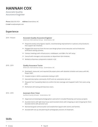 Associate Quality Assurance Engineer Resume
