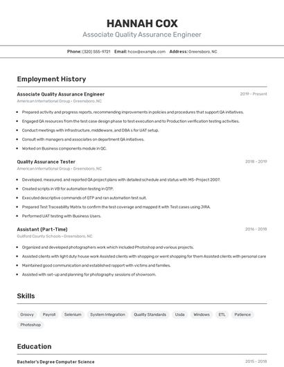 Associate Quality Assurance Engineer Resume