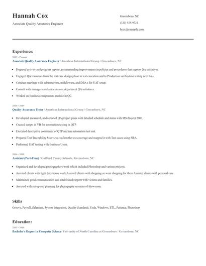 Associate Quality Assurance Engineer Resume