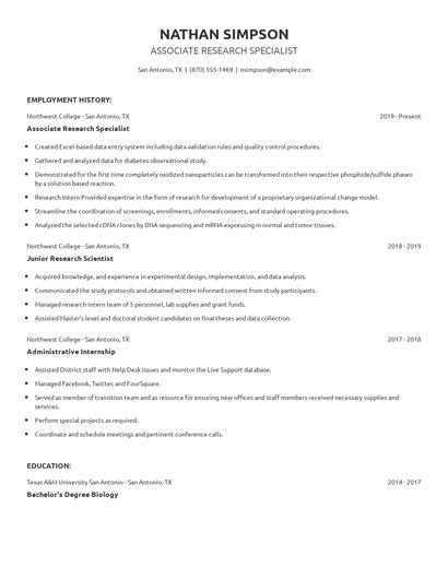 Associate Research Specialist Resume