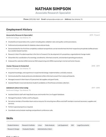 Associate Research Specialist Resume