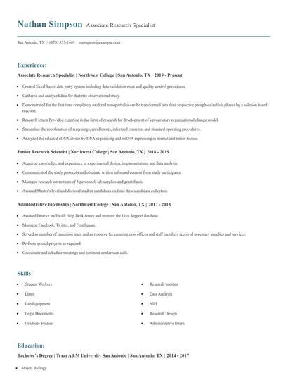 Associate Research Specialist Resume