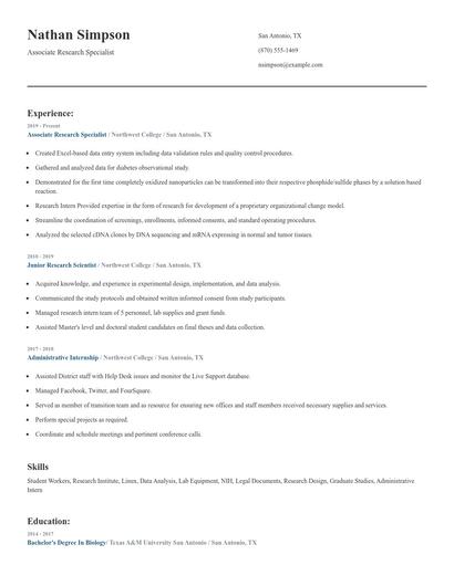 Associate Research Specialist Resume