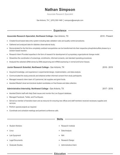 Associate Research Specialist Resume