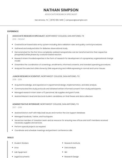Associate Research Specialist Resume